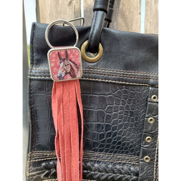 Handmade mule lover boho Leather Fringe Western bag charm, Long fringe keychain - Picture 3 of 5